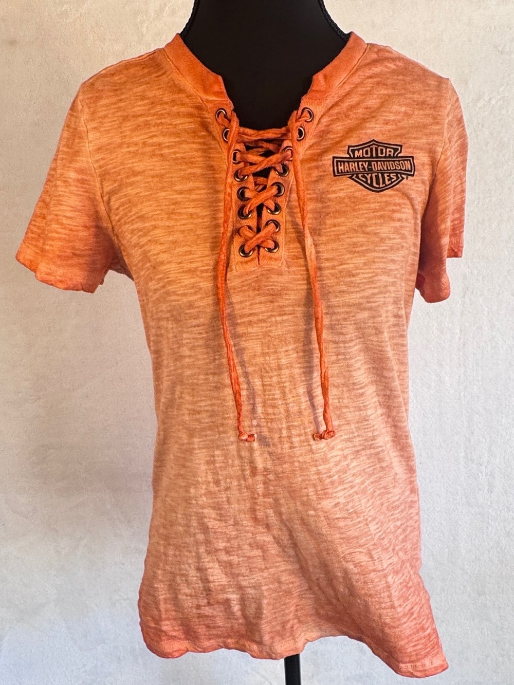 Harley-Davidson Orange Lace-Up Front T-Shirt Women’s Small Biker Moto Y2K